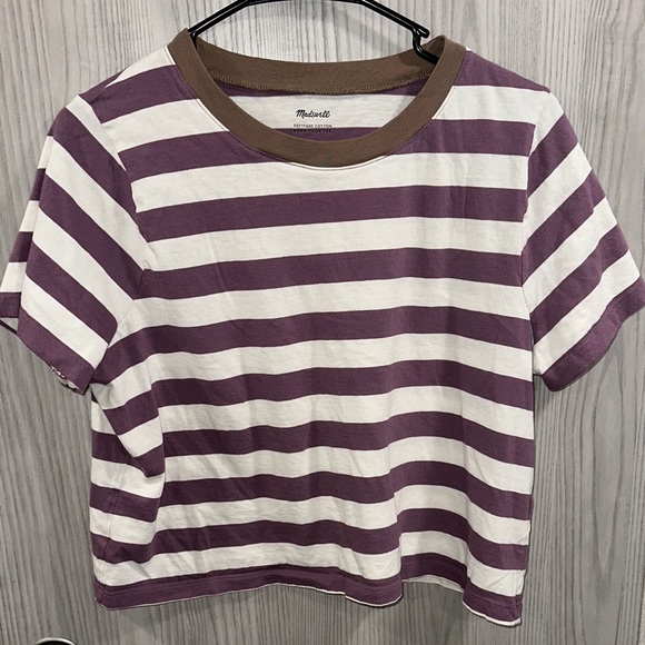 Madewell Tops - Madewell Lavender and White Striped Tee with Brown Collar